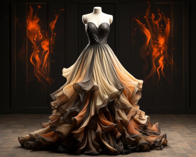 a dress on a mannequin with flames in the background