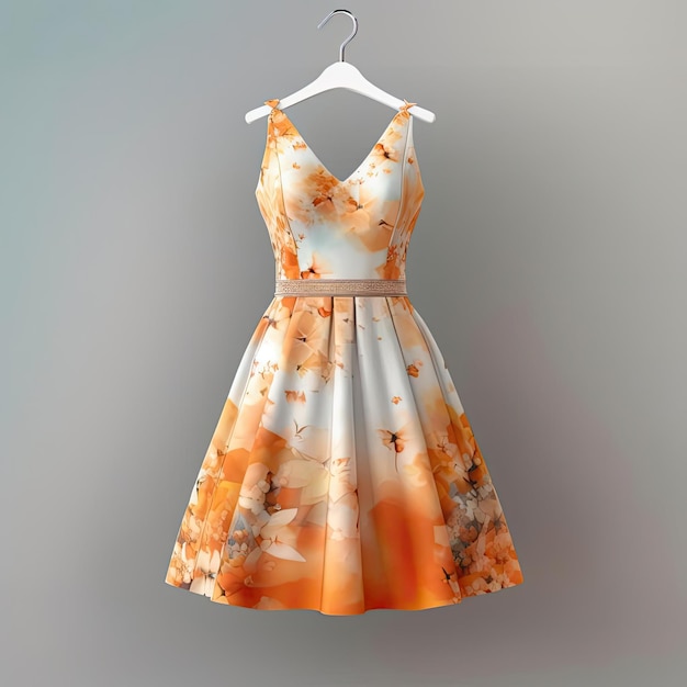 Photo dress with floral pattern on a hanger on a gray background