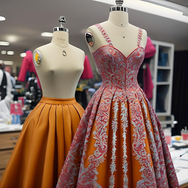 A dress with a pattern on it is on a mannequin.