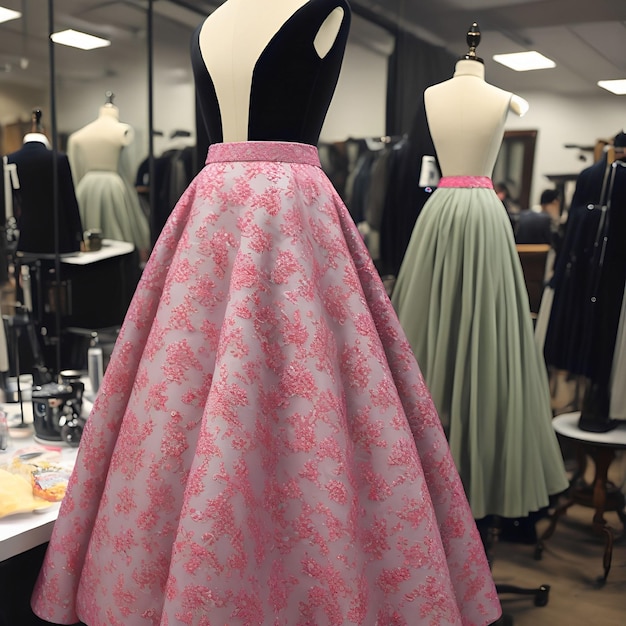 A dress with a pink flower pattern on it is on a mannequin.