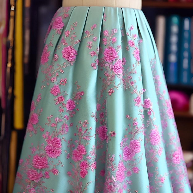 A dress with pink flowers on it is made by a tailor.