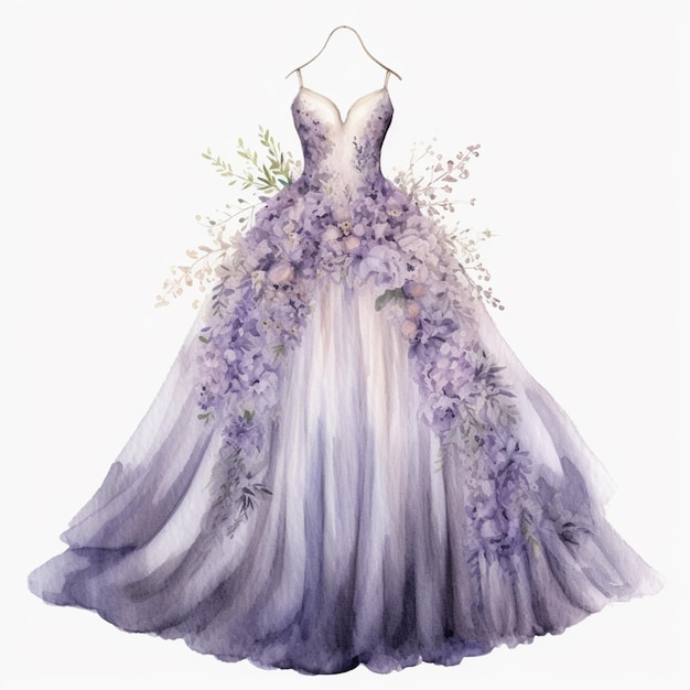 A dress with purple flowers on a hanger