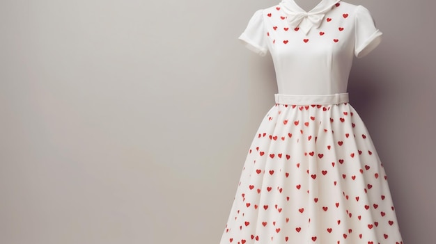 A dress with red hearts on it is hanging on a wall.