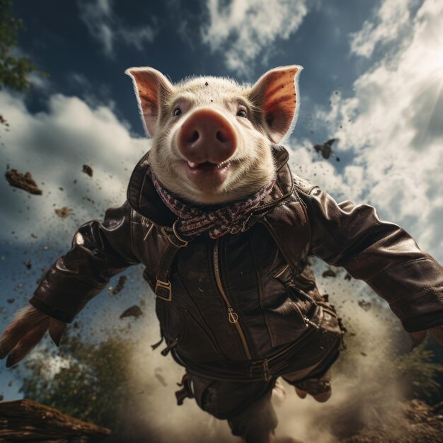 写真 スーパーヒーローの服を着た 飛行する豚のチームが襲撃する
