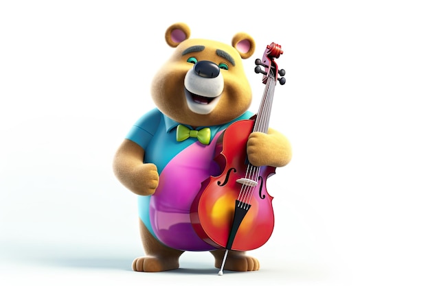 콘트라베이스를 연주하고 흰색 배경 그림에 격리된 채 웃고 있는 옷을 입은 재미있는 곰