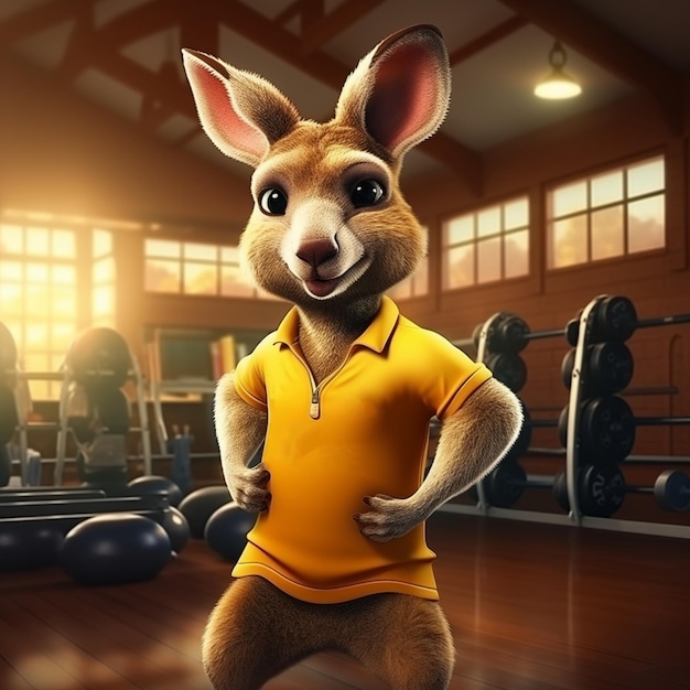 Dressed in a training uniform a kangaroo works out with dumbbells in the gym