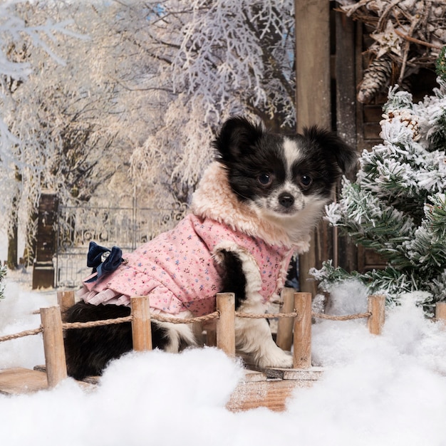 Одетый щенок чихуахуа сидит на мосту в зимнем пейзаже