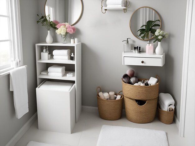 Photo a dresser with drawers shelves mirrors and wicker basket