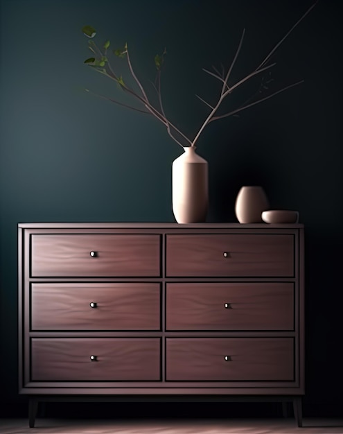 A dresser with a vase of branches on it and a green wall behind it.