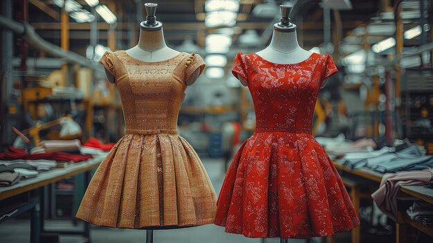 Dresses from the latest collection on mannequins in a modern atelier