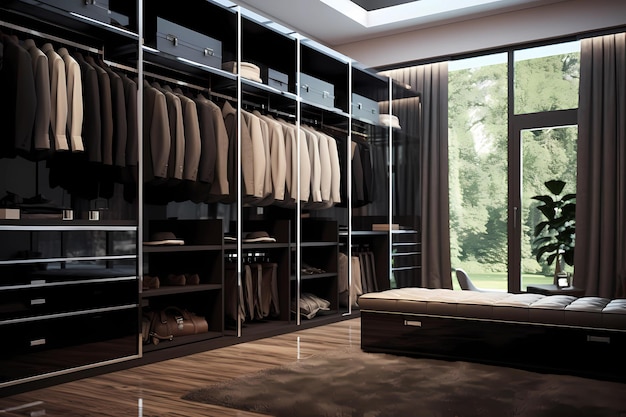 Photo dressing room with mens suits home room for clothes and shoes modern style in the interior