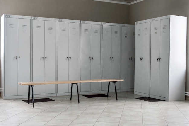 Dressing room with metal drawers and benches