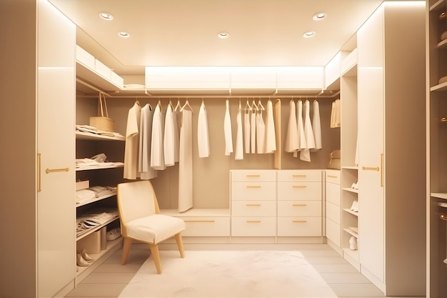 Dressing room with white clothes in light shades minimal scandinavian wooden dressing room with wardrobe