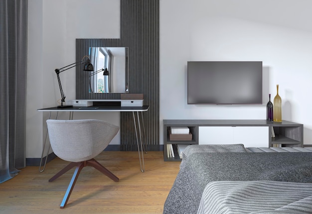 Dressing table and chair in a modern bedroom. The workspace is made in contemporary design. 3D render.