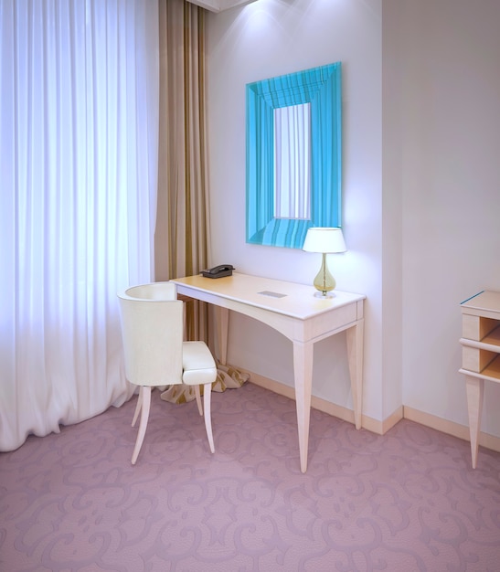 Dressing table in expensive hotel room near window. 3D render