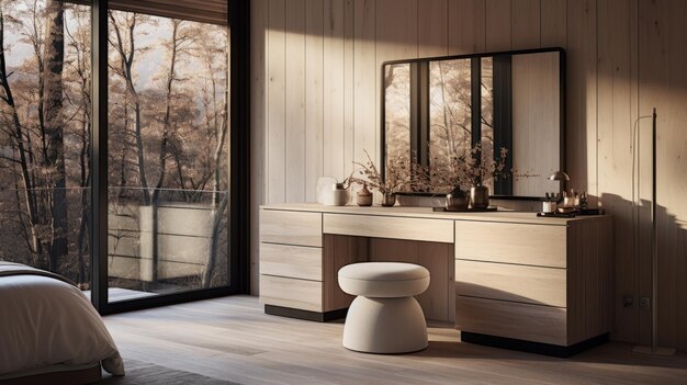 Dressing table and stump chair Interior design of modern bedroom with wooden