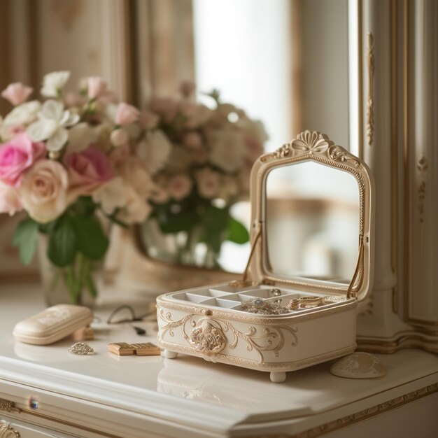 dressing table on table there is jewelry box