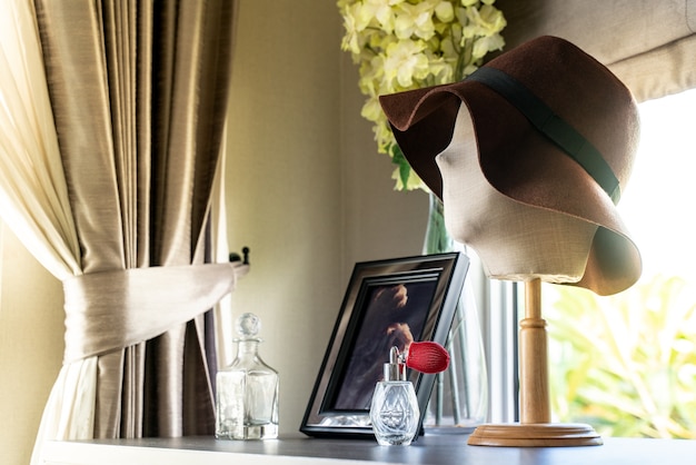 Dressing table with cosmetics in room