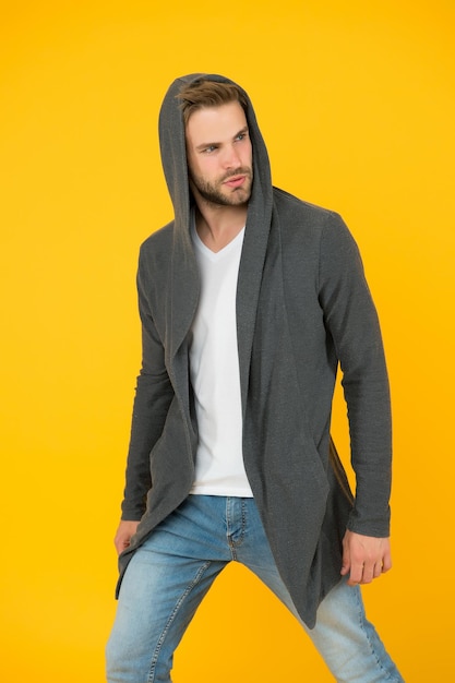Dressing with confidence. Confident man yellow background. Handsome guy wear casual style. Confident look of fashion model. Fashion and style. Fashion makes you feel confident. Being more confident.