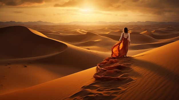 a dressing woman walking across the desert