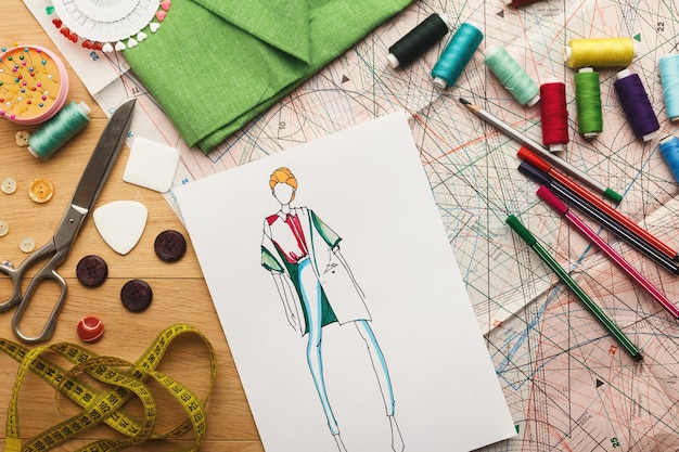 Dressmaking and fashion collection background. Drawn sketches, sewing patterns and various designer accessories on messy table, top view. Creativity concept