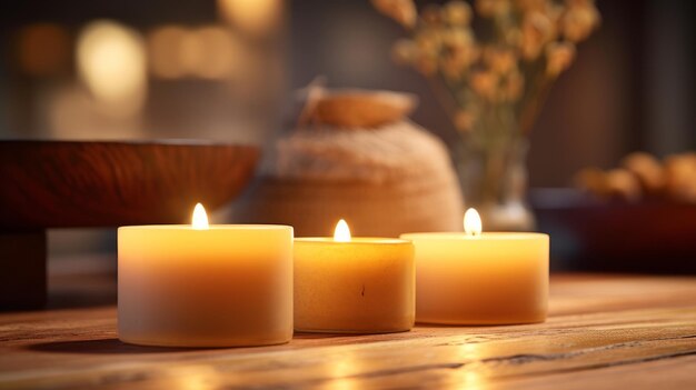 Drie aangestoken kaarsen op een houten tafel.