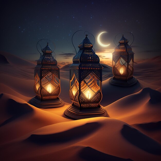 Drie aangestoken lantaarns in de woestijn met een halve maan als achtergrond