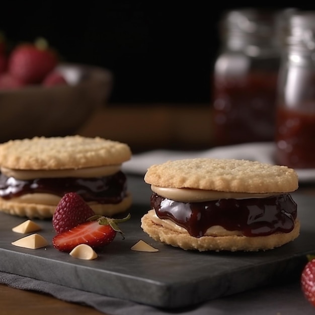 Drie aardbeien shortcake sandwiches op een leisteen bord met aardbeien aan de zijkant.