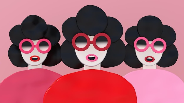 Drie abstracte vrouwen met zonnebril Grappige personages 3d-illustratie