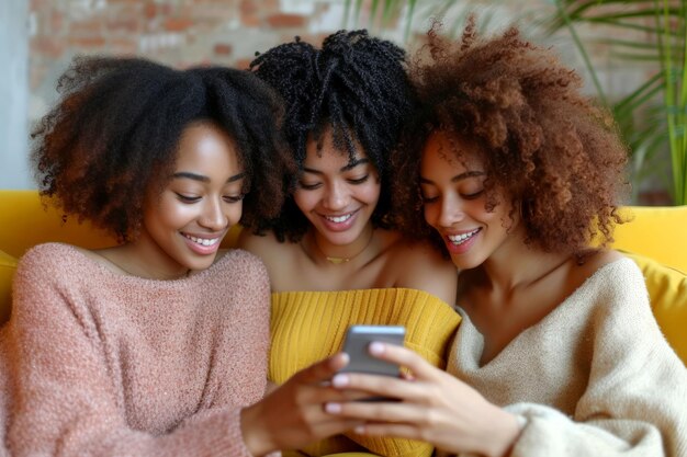 Foto drie afro meisjes delen een heerlijk moment op een gele bank terwijl ze samen naar een smartphone kijken.