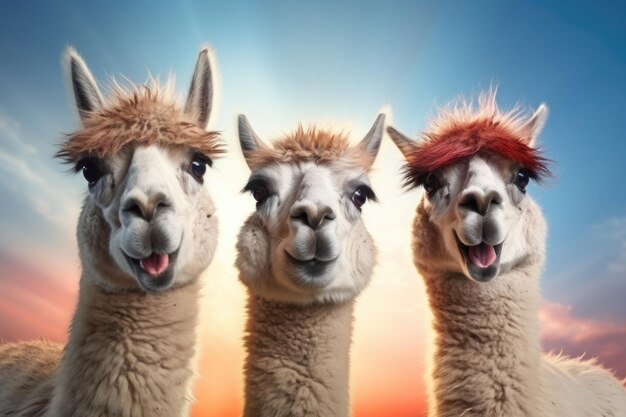 Drie alpaca's met grappige kapsels tegen een zonsondergang
