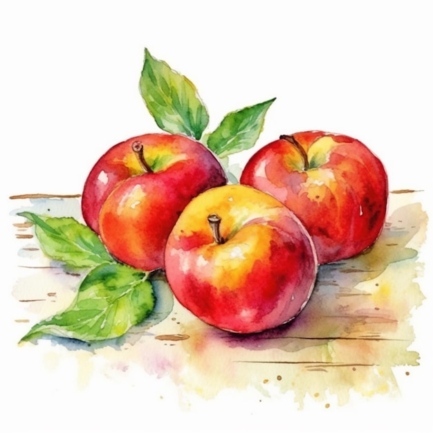 Drie appels op een houten tafel aquarel hand getekende illustratie.