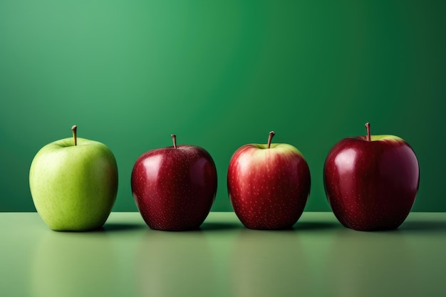 Drie appels van verschillende kleuren opgesteld op een groene tafel