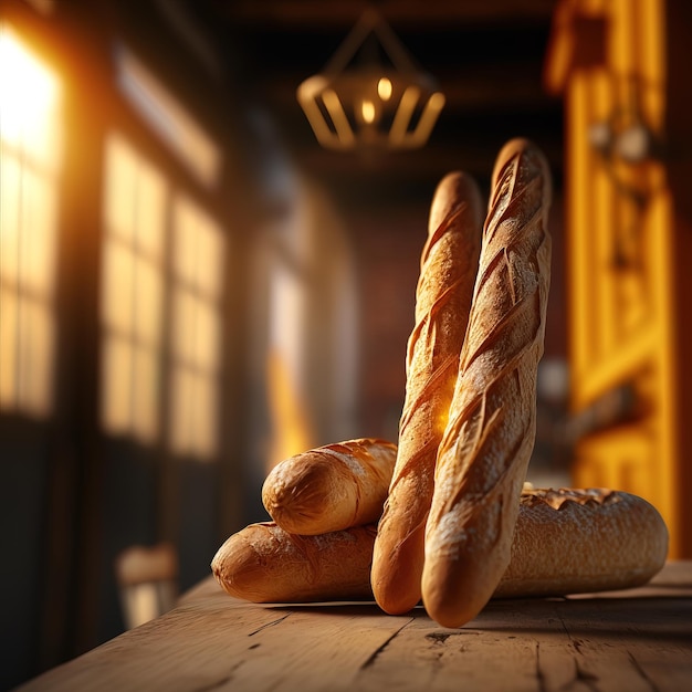 Drie baguettes liggen op een tafel voor een raam.