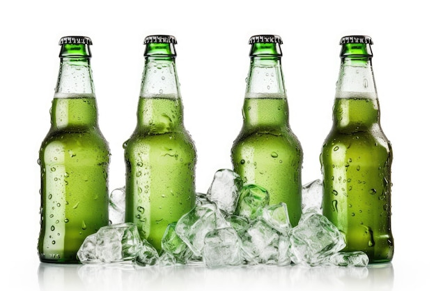 Foto drie bierflessen met groene etiketten ijsblokjes witte achtergrond uitknippad