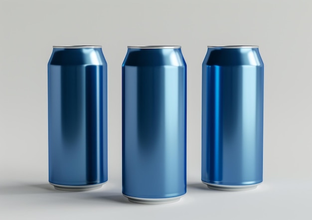 Drie blauwe blikjes op rechtop op een witte achtergrond