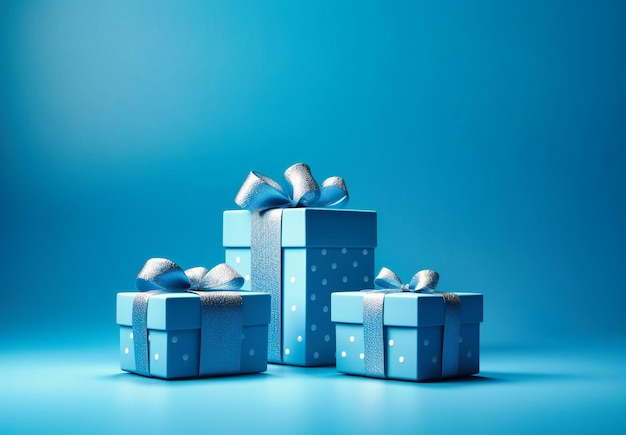 Drie blauwe cadeau dozen op lichtblauwe achtergrond