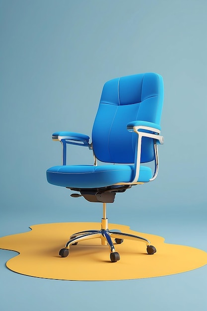 Drie blauwe kantoorstoelen drijven in de lucht op een gele achtergrond het concept van kantoorwerk 3D rendering