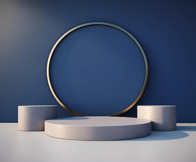 Drie blauwe podiums voor een metalen cirkel op blauwe achtergrond voor de presentatie van het productmerk