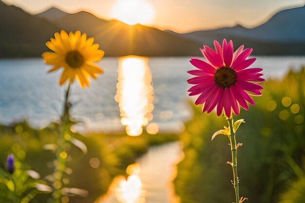 drie bloemen met de zon achter hen ondergaan waarvan de ene de andere is met de andere