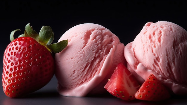 Drie bollen heerlijk aardbeienijs in wafelkegel roze melkplons generatieve ai