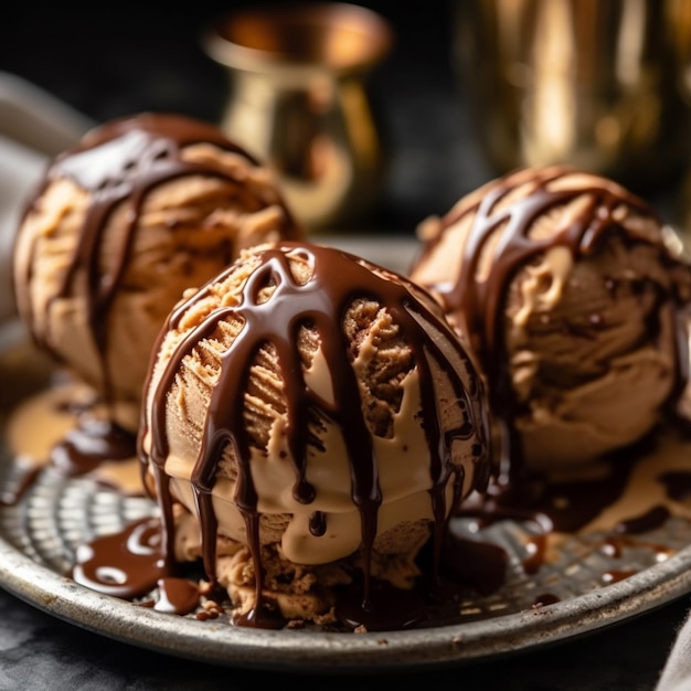 Drie bolletjes ijs met chocolade eroverheen gemotregend en een zilveren bord met een zilveren lepel aan de zijkant.