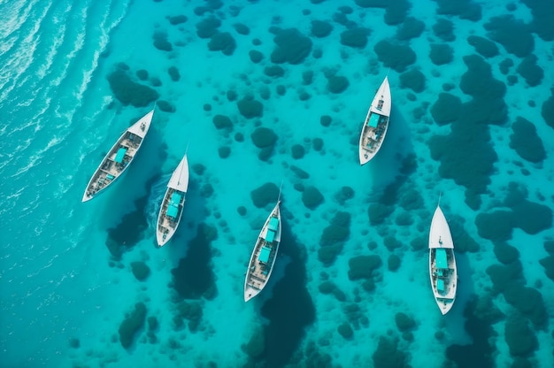 Drie boten drijven in het water, waarvan er één turkoois is.