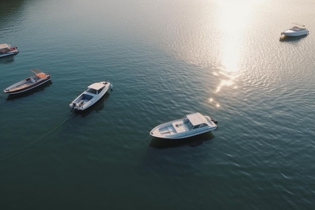 Drie boten in het water waar de zon op schijnt