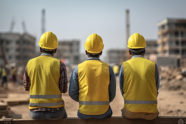 Drie bouwvakkers zitten op een bankje en observeren aandachtig een bouwplaats Drie bouwvakkers werken aan bouwtekeningen en papierwerk