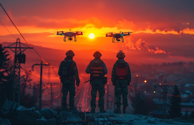 Drie brandweerlieden vliegen drones in de zonsondergang Een technici gebruiken een drone op een elektriciteitslijn in de vroege ochtend