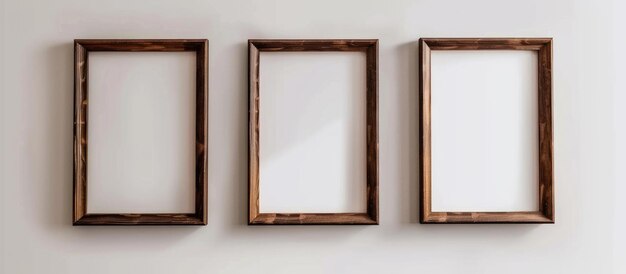 Drie bruine houten frames worden gebruikt voor modellen voor interieurdecoratie