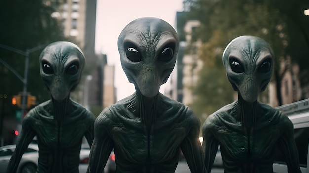 Drie buitenaardse beelden staan in een stad en een van hen heeft grote ogen.