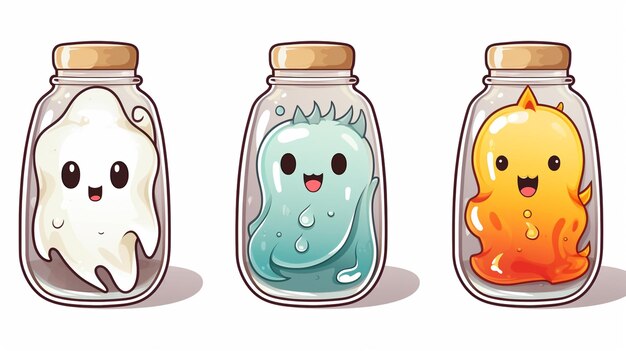 drie cartoon potten met verschillende gekleurde vloeistoffen en een spook generatieve ai