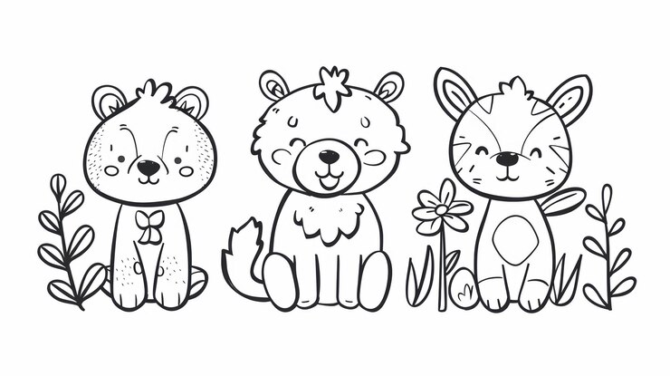 Foto drie cartoondieren zitten in een rij met bloemen en planten